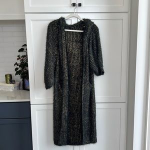 Anthropologie Shimmer Longline Cardigan Sweater with Hood Navy and Gold